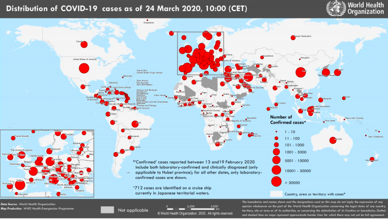 Countries, territories or areas with reported confirmed cases of COVID-19, 24 March 2020
